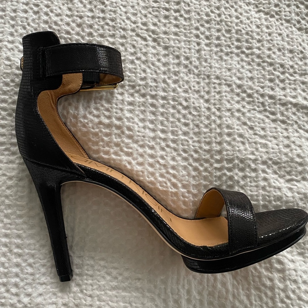 Calvin Klein Vivian Tejus Lizard Heels, Black. Size 7.5